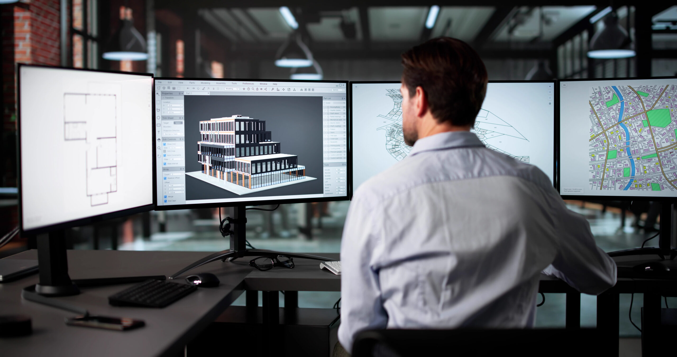 Profissional de arquitetura ou engenharia trabalhando em frente a três monitores, com um projeto de edifício em 3D, plantas técnicas e um mapa urbano exibidos na tela.