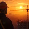 Engenheiro ou trabalhador da construção civil de capacete e jaqueta refletiva, olhando um canteiro de obras e guindastes ao pôr do sol