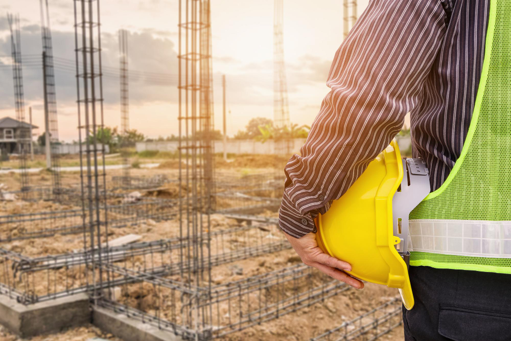 Profissional da construção civil segurando capacete amarelo diante de obra em fase de fundação, com armações de aço e escavações no terreno.