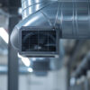 Sistema de ventilação industrial com duto metálico e exaustor.