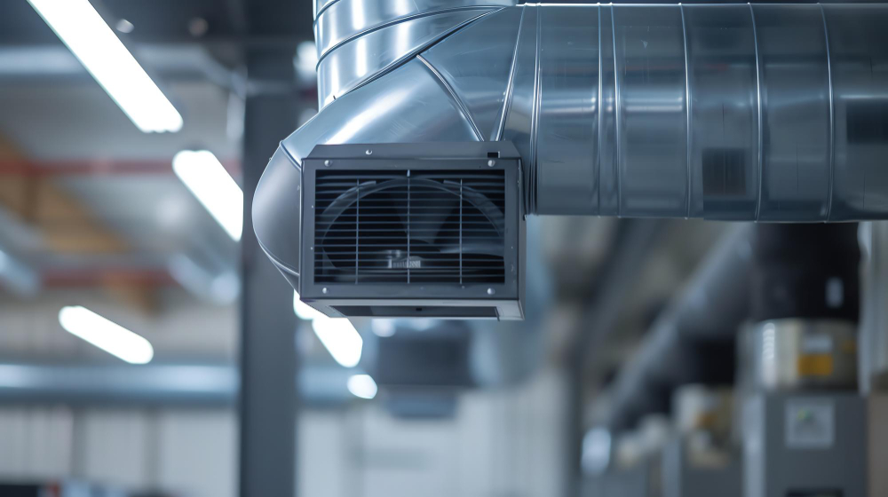 Sistema de ventilação industrial com duto metálico e exaustor.