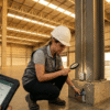 Equipe técnica realizando inspeção estrutural em galpão industrial, com uso de tablet, pranchetas e instrumentos de medição.