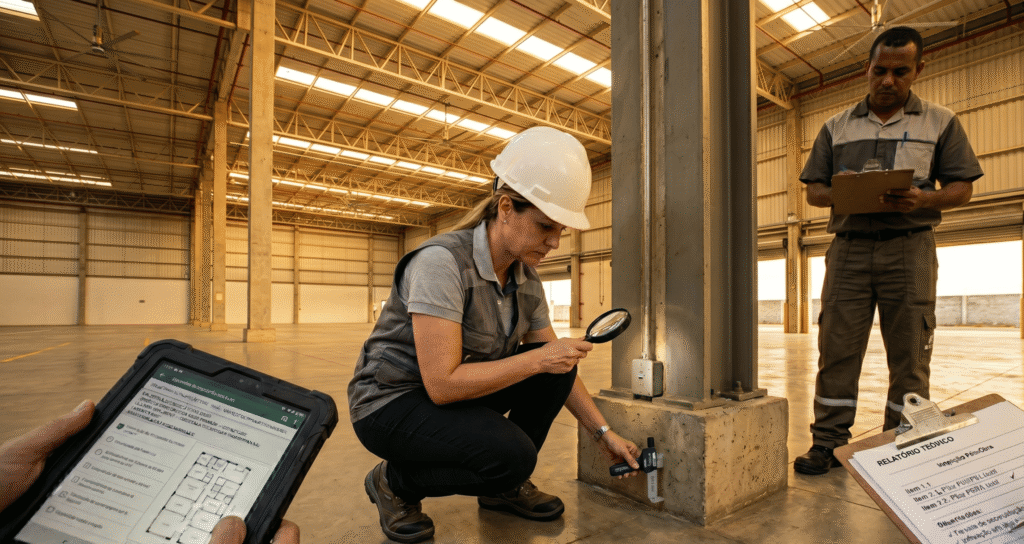 Equipe técnica realizando inspeção estrutural em galpão industrial, com uso de tablet, pranchetas e instrumentos de medição.