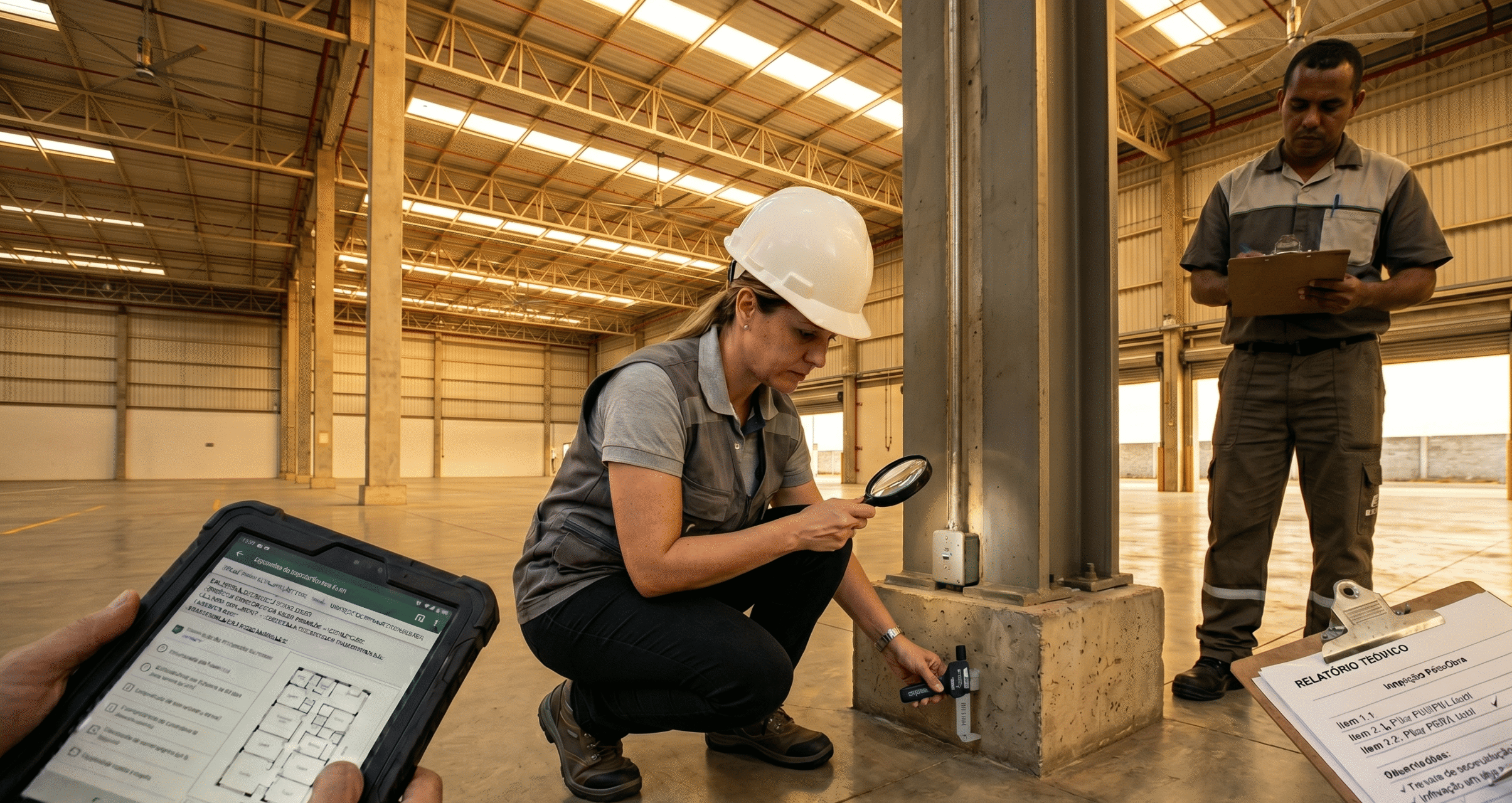 Equipe técnica realizando inspeção estrutural em galpão industrial, com uso de tablet, pranchetas e instrumentos de medição.