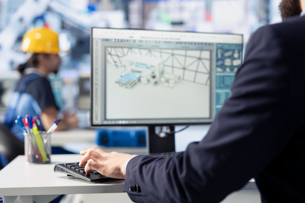 Profissional utilizando computador com software de modelagem ou engenharia industrial, enquanto trabalhador aparece ao fundo em ambiente fabril.
