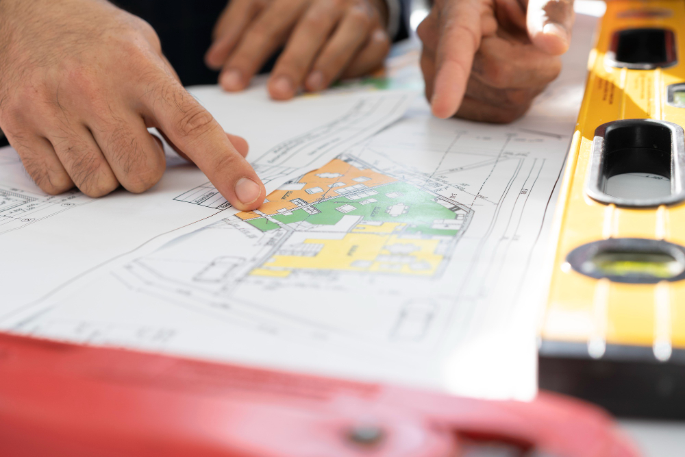 Profissionais analisando uma planta arquitetônica sobre uma mesa, apontando detalhes do projeto ao lado de um nível de construção.