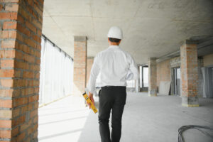 Profissional de engenharia usando capacete de segurança caminha por obra em construção enquanto realiza inspeção do espaço.