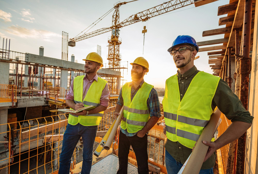 Profissionais da construção civil utilizando capacetes e coletes de segurança em canteiro de obras, observando o andamento de uma construção.