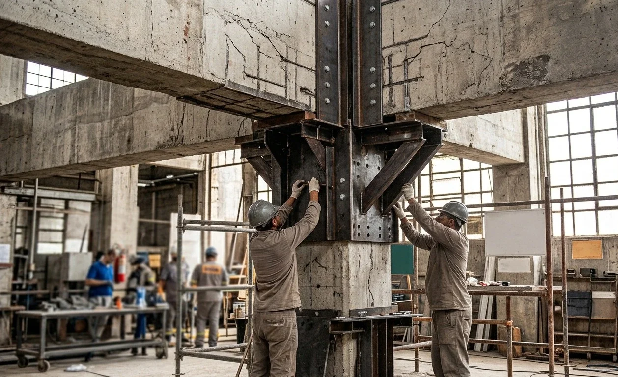 Engenheiros e técnicos executam reforço estrutural em pilar de concreto com perfis metálicos em obra de retrofit.