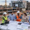 Equipe de profissionais analisa plantas e documentos em um canteiro de obras com edifícios em construção ao fundo.