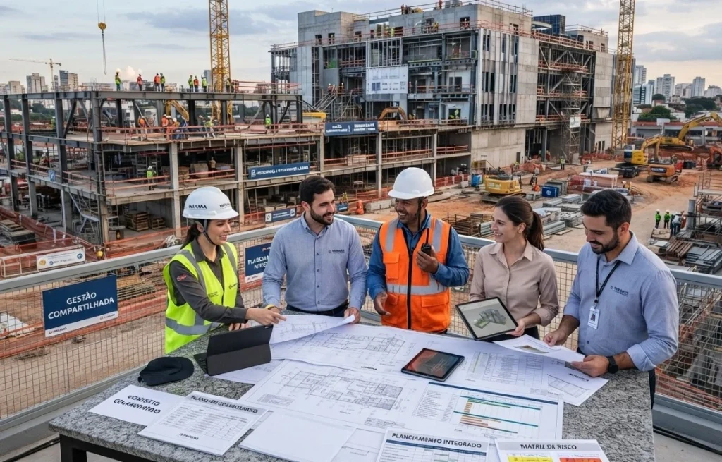Equipe de profissionais analisa plantas e documentos em um canteiro de obras com edifícios em construção ao fundo.